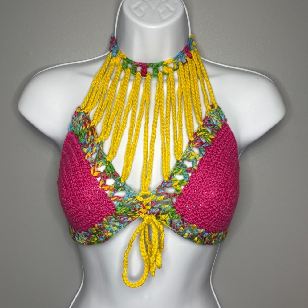 Y2K Festival Crochet Maximalist Colorful Rainbow Boho Halter Triangle Top Sz M